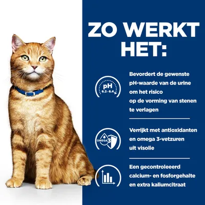 Grafiek met drie punten: bevordert de gewenste pH-waarde in de urine, verrijkt met antioxidanten en omega-3-vetzuren uit visolie, gecontroleerd calcium- en fosforgehalte. Grafiek met drie punten: bevordert de gewenste pH-waarde in de urine, verrijkt met antioxidanten en omega-3-vetzuren uit visolie, gecontroleerd calcium- en fosforgehalte.