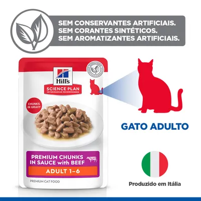 Hill's Science Plan Premium Pedaços em Molho com Carne de Vaca Adulto 1-6, sem conservantes, corantes ou aromatizantes artificiais, produzido em Itália.