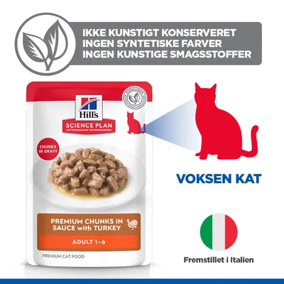 Hill's Science Plan Premium Chunks i sauce med kalkun Adult 1-6, ingen kunstige konserveringsmidler, ingen syntetiske farvestoffer, fremstillet i Italien. Hill's Science Plan Premium Chunks i sauce med kalkun Adult 1-6, ingen kunstige konserveringsmidler, ingen syntetiske farvestoffer, fremstillet i Italien.