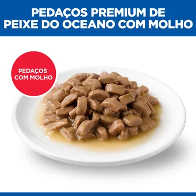 Prato com pedaços em molho. Texto: Pedaços premium de peixe do oceano com molho, pedaços com molho.