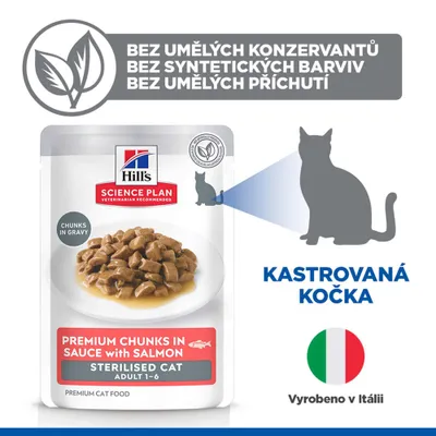 Hill's Science Plan Premium kúsky v omáčke s lososom pre sterilizované mačky Adult 1-6. Bez umelých konzervačných látok, farbív ani aróm. Vyrobené v Taliansku.