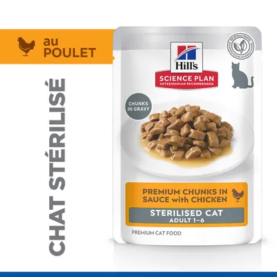 Hill's Science Plan Bouchées Premium en sauce au poulet pour chats stérilisés, adulte 1-6 ans. Bouchées en sauce. Aliment premium pour chat. Hill's Science Plan Bouchées Premium en sauce au poulet pour chats stérilisés, adulte 1-6 ans. Bouchées en sauce. Aliment premium pour chat.