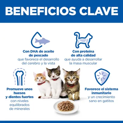 Principales ventajas: DHA del aceite de pescado para el cerebro y la visión, proteínas de alta calidad para el desarrollo muscular, minerales para huesos y dientes fuertes, apoya el sistema inmunitario y el crecimiento saludable de los gatitos. Principales ventajas: DHA del aceite de pescado para el cerebro y la visión, proteínas de alta calidad para el desarrollo muscular, minerales para huesos y dientes fuertes, apoya el sistema inmunitario y el crecimiento saludable de los gatitos.