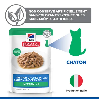Hill's Science Plan Premium Bouchées en Sauce au Poisson de l'Océan pour Chaton <1. Sans conservateurs, colorants ou arômes artificiels. Fabriqué en Italie. Hill's Science Plan Premium Bouchées en Sauce au Poisson de l'Océan pour Chaton <1. Sans conservateurs, colorants ou arômes artificiels. Fabriqué en Italie.