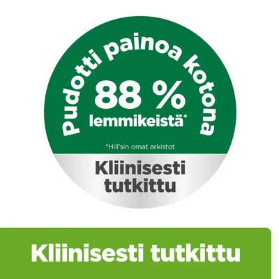 88 % lemmikeistä on laihtunut kotona. Kliinisesti testattu. Hill’sin omat arkistot. 88 % lemmikeistä on laihtunut kotona. Kliinisesti testattu. Hill’sin omat arkistot.