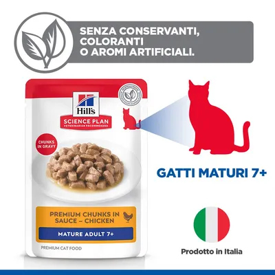Hill's Science Plan Premium Chunks in Sauce – Pollo, Mature Adult 7+, senza conservanti, coloranti o aromi artificiali, per gatti dai 7 anni, prodotto in Italia.