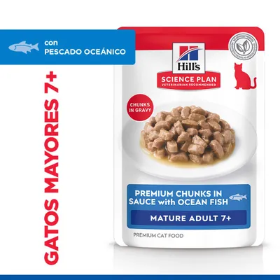 Hill's Science Plan Premium Trozos en Salsa con Pescado de Océano, Mature Adult 7+, para gatos mayores de 7 años, con pescado, trozos en salsa. Hill's Science Plan Premium Trozos en Salsa con Pescado de Océano, Mature Adult 7+, para gatos mayores de 7 años, con pescado, trozos en salsa.