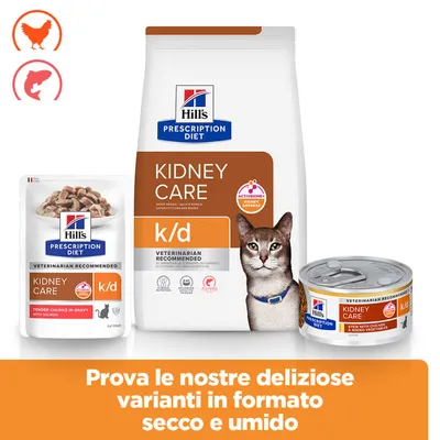 hill's prescription diet kidney care k/d alimento secco e umido per gatti, varianti con pollo e salmone, nota: prova le nostre varianti in versione secca e umida.