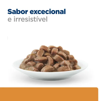Taça com pedaços de carne castanha em molho, Texto: Sabor excecional e irresistível.