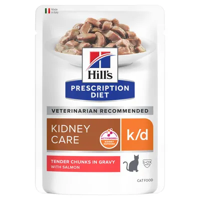 hill's prescription diet kidney care k/d, teneri bocconcini in salsa con salmone, activbiome+ kidney defense, raccomandato dai veterinari, made in italy, alimento per gatti.