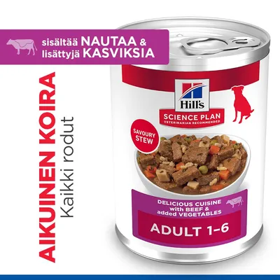 Hill's Science Plan Adult 1–6, sisältää naudanlihaa ja lisättyjä vihanneksia. Kaikille rotuisille aikuisille koirille. Savoury Stew. Herkullinen ateria naudanlihan ja lisättyjen vihannesten kera. Hill's Science Plan Adult 1–6, sisältää naudanlihaa ja lisättyjä vihanneksia. Kaikille rotuisille aikuisille koirille. Savoury Stew. Herkullinen ateria naudanlihan ja lisättyjen vihannesten kera.