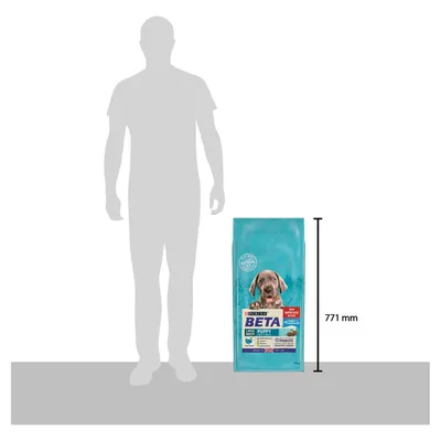 Product size comparison showing a large bag of Beta Puppy food next to an adult human silhouette, with the bag height labelled as 771 mm.