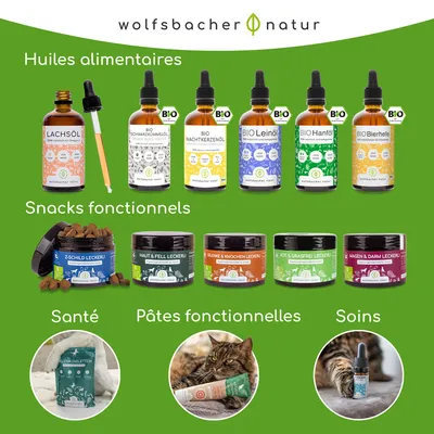 wolfsbacher natur Aperçu du produit : Huile de saumon, huile de cumin noir bio, huile d’onagre bio, huile de lin bio, huile de chanvre bio, levure de bière bio, différents snacks fonctionnels et produits de soin. wolfsbacher natur Aperçu du produit : Huile de saumon, huile de cumin noir bio, huile d’onagre bio, huile de lin bio, huile de chanvre bio, levure de bière bio, différents snacks fonctionnels et produits de soin.