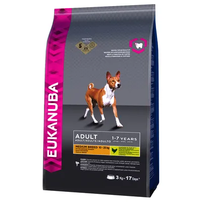Eukanuba Adult torrfoder för hund, medium breed 10–25 kg, 1–7 år. Vikt: 3 kg. Bild på hund och text om kyckling som huvudingrediens. Räcker i cirka 17 dagar.