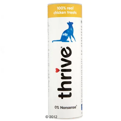 Tube labelled 100% real chicken treats, thrive, 0% Nonsense. Blue silhouette of an animal is shown on the packaging.