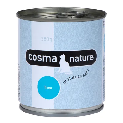 Blik Cosma Nature kattenvoer, 280 g, smaak Tuna, tekst 'im eigenen Saft' zichtbaar op het etiket.