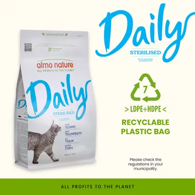 almo nature Daily Sterilised with Tuna, recyclable plastic packaging LDPE+HDPE, adult cat, all profits for the planet. almo nature Daily Sterilised with Tuna, recyclable plastic packaging LDPE+HDPE, adult cat, all profits for the planet.