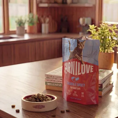 CARNILOVE Salmon & Turkey for Adult Cats, 75% Wild Meat Ingredients, 25% Vegetables, No Grain Potato. Futternapf mit Trockenfutter daneben.