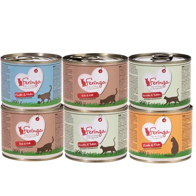 Zes blikken Feringa kattenvoer, varianten: Forel & Kip, Eend & Kalf, Konijn & Kalkoen, Zalm & Pute. Elk blik 200 g, merknaam en smaken duidelijk zichtbaar op het etiket.