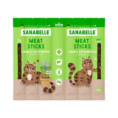 Sanabelle Meat Sticks jagnjetina & mačja meta, 7 kosov, 95 % mesa, sveža zelišča, brez žit, brez dodanega sladkorja, 35 g. Proizvedeno v Nemčiji. Sanabelle Meat Sticks jagnjetina & mačja meta, 7 kosov, 95 % mesa, sveža zelišča, brez žit, brez dodanega sladkorja, 35 g. Proizvedeno v Nemčiji.