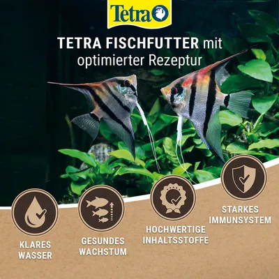 Tetra Fischfutter mit optimierter Rezeptur. Vorteile: klares Wasser, gesundes Wachstum, hochwertige Inhaltsstoffe, starkes Immunsystem.