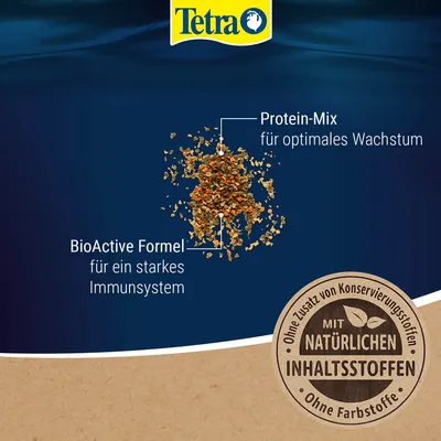 Tetra. Protein-Mix für optimales Wachstum, BioActive Formel für ein starkes Immunsystem, mit natürlichen Inhaltsstoffen, ohne Zusatz von Konservierungsstoffen und Farbstoffen.