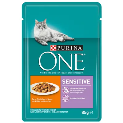 Purina ONE Sensitive, 85 g. Visible Health for Today and Tomorrow. Zarte Stückchen in Sauce mit Huhn und Karotten. Fördert nachweislich die Gesundheit des Verdauungstrakts. Hohe Verdaulichkeit.