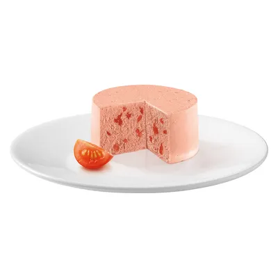 Rosa Pastete mit Tomatenstücken, serviert auf einem weissen Teller. Eine halbe Kirschtomate liegt daneben.