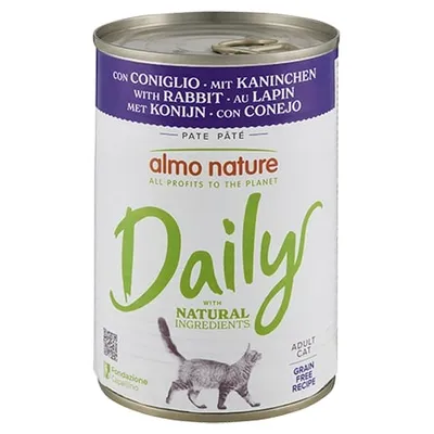 Almo Nature Daily paté per gatto adulto con coniglio, ingredienti naturali, ricetta senza cereali. Testo visibile: 'all profits to the planet', 'grain free recipe'.