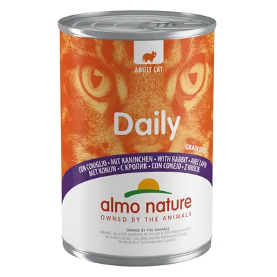 almo nature Daily Adult Cat natvoer met konijn, graanvrij. Tekst: 'OWNED BY THE ANIMALS'.