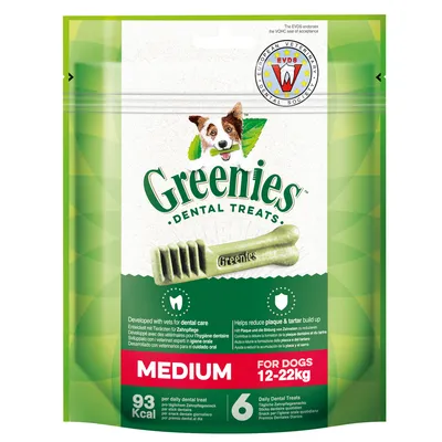 Greenies Dental Treats Medium für Hunde 12-22kg, 93 kcal pro Snack, Packung mit 6 Stück. Hilft Plaque und Zahnstein zu reduzieren. EVDS-Siegel für zahnärztliche Akzeptanz.