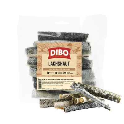 DIBO Salmon Skin, a fine delicacy for dogs, rich in vitamins, essential fatty acids, also suitable for cats. Single feed according to packaging.