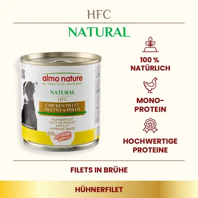 Almo Nature HFC Natural Hühnchenfilet in Brühe. 100% natürlich, Monoprotein, hochwertige Proteine.