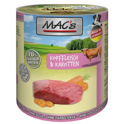 Conservă MAC's, text vizibil: 70% Fleisch Anteil, Kopffleisch & Karotten, Getreidefrei, Made in Germany. Imagine carne de vită și morcovi. Fără soia, coloranți, aditivi, oase.