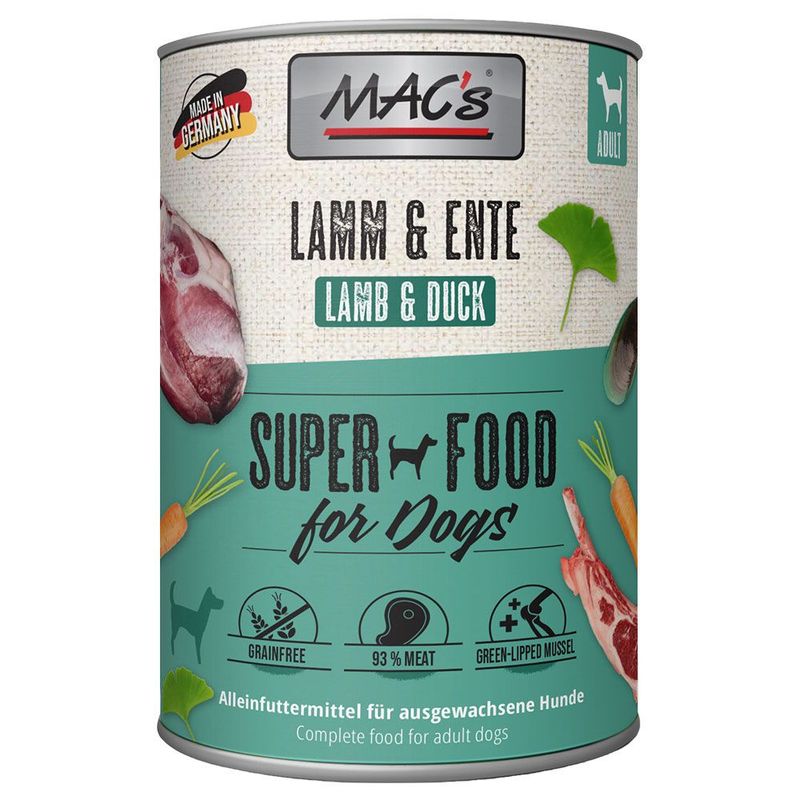 MAC's Lamm & Ente Lamb & Duck Super Food for Dogs, adult, senza cereali, 93% carne, con cozza verde. Made in Germany. Alimento completo per cani adulti (testo in tedesco e inglese).