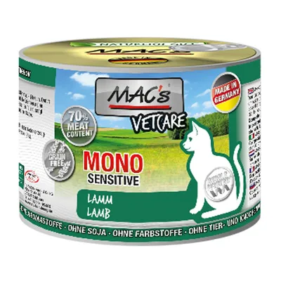 MAC's Vetcare Mono Sensitive Lamm, 70% meat content, grain free, made in Germany. Testo visibile: senza soia, senza coloranti, senza farine animali e ossa.