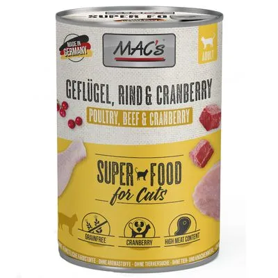 MAC's kattenvoer blik, gevogelte, rund & cranberry. Tekst: Super Food for Cats, graanvrij, cranberry, hoog vleesgehalte. Made in Germany. Voor volwassen katten.