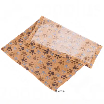 Braune Decke mit Pfotenmuster in Blau und Braun, geeignet als Unterlage oder Kuscheldecke.