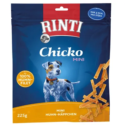 Rinti Chicko Mini, 225 g. Texto visible: mit 100% Huhn-Filet, nur 3 kcal pro Stück, mini Huhn-Häppchen. Imagen de un perro y tiras de snack en el envase.