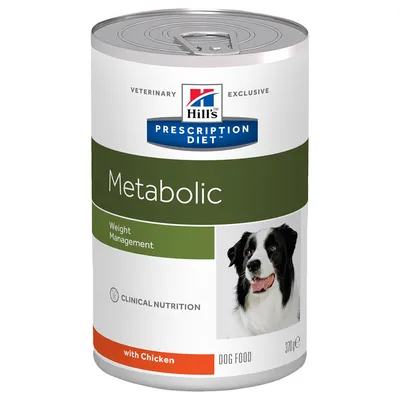 Hill's Prescription Diet Metabolic Weight Management with Chicken koiranruoka, 370 g. Etiketissä koiran kuva ja tekstit: Clinical Nutrition, Dog Food.