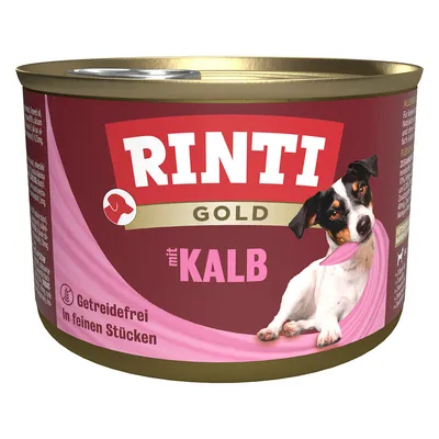 RINTI Gold mit Kalb, getreidefrei, in feinen Stücken. Abbildung einer Dose mit Hund und Produktbeschreibung.