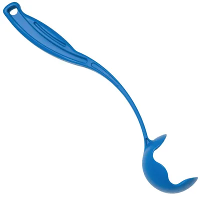 Blue plastic ball thrower for dogs with ergonomic handle and curved shape.