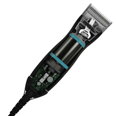 Cross-section of an electric pet hair clipper showing internal components such as motor, cutting head and electronics.