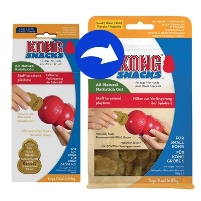 KONG Snacks All-Natural, Füllen zur Verlängerung der Spielzeit, mit echtem Speckgeschmack. Für KONG Größe M/L und S. Abbildung zeigt Snackeinführung in rotes KONG-Spielzeug.