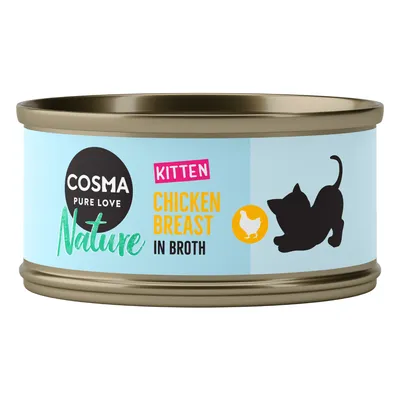 Cosma Nature Kitten Chicken Breast in Broth. Храна за котенца, пилешки гърди в бульон, консерва със син дизайн и черна котешка сянка.