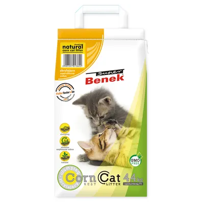 Super Benek Corn Cat Litter, 4.4 kg. Clumping, absorbs odours, natural, GMO-free. FutterTester.de quality seal visible.