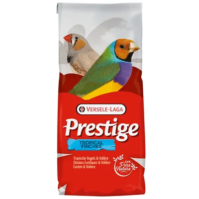 Sac Versele-Laga Prestige Tropical Finches, texte visible : Oiseaux Exotiques & Volière, 100% Pure Nature, images de deux oiseaux exotiques sur l’emballage.
