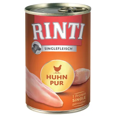 Conservă Rinti Singlefleisch, text vizibil: Huhn Pur, 1 Protein Single, getreidefrei. Imagine cu piept de pui pe ambalaj. Text în limba germană.
