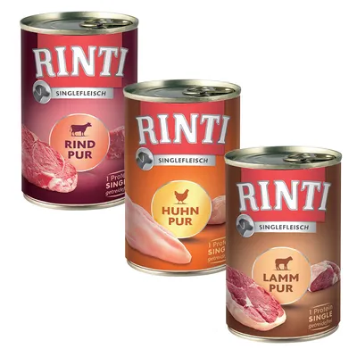 RINTI Singlefleisch konzerv: tiszta marha, tiszta csirke és tiszta bárány. Gabonamentes, 1 fehérje.