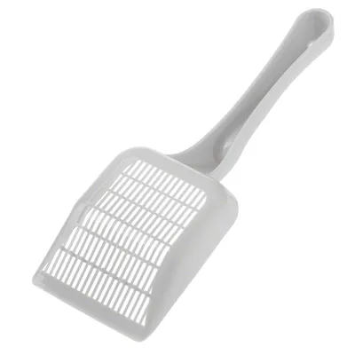 Bijela plastična lopatica s rešetkastim dizajnom za čišćenje mačjih WC-a.